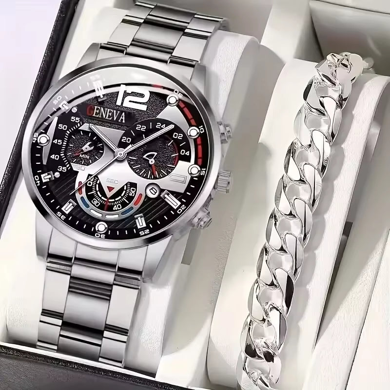 2Pcs/Set Mens Elegant Quartz Watch & Matching Bracelet - Business-Sports Style, Date Dial, Stainless Steel Band - a Stylish Gift