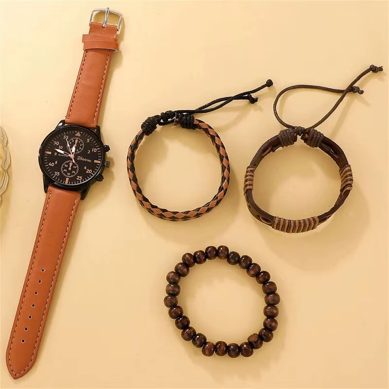 New Men Watch Luxury Bracelet Set Fashion Business Brown Leather Quartz Wrist Watches for Men Gift Set Relogio Masculino